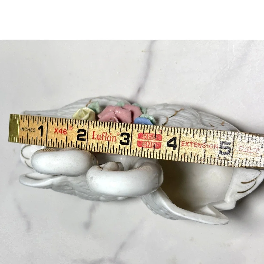 Vintage Porcelain Double Swan Planter Trinket Ring Dish Applied Roses White